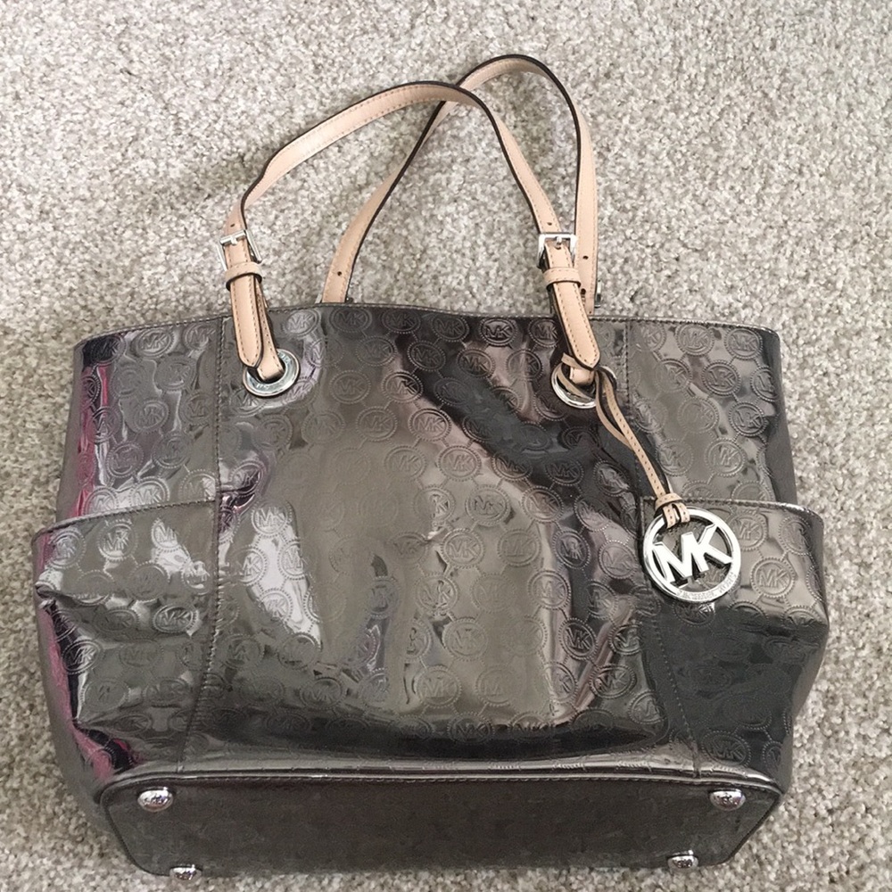 Michael Kors Metallic Gunmetal Tote with Beige Handles